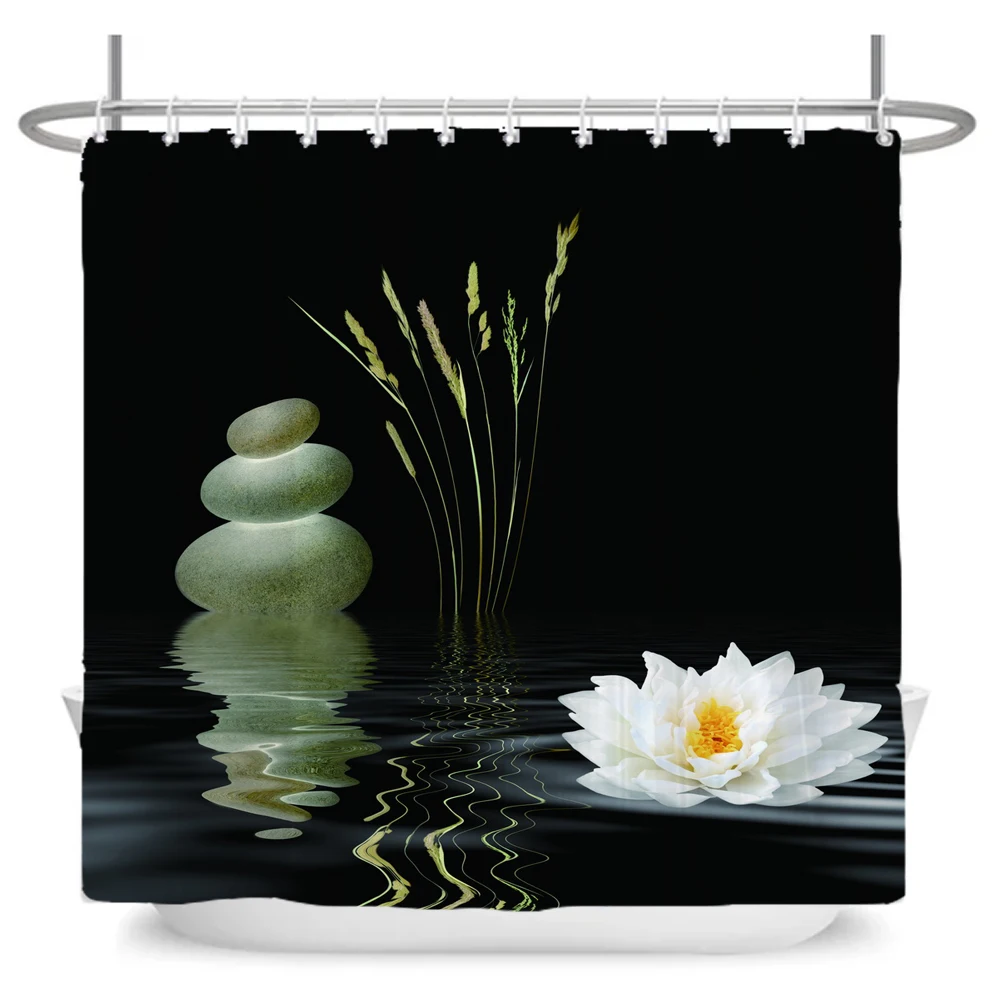 Stones And Lotus in Water Shower Curtain Zen SPA White Waterproof Bathroom Curtain Extra Long Polyester Fabric for Bathtub Decor