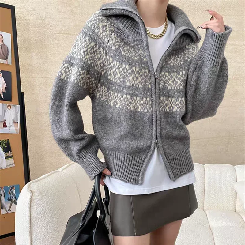 Fashion Vintage Turn-down Collar Women's Cardigan Elegant Long Sleeve Knit Sweater Casual Loose Knitted Top Zipper Knitwear
