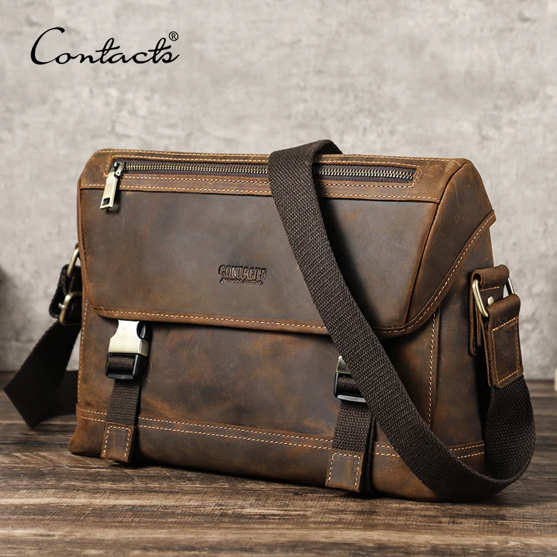 CONTACT\'S Genuine Leather Sling Shoulder Bags Men Vintage Small Briefcase Messenger Crossbody Bags Travel Bag for 12.9\