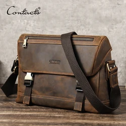 CONTACT'S Genuine Leather Sling Shoulder Bags Men Vintage Small Briefcase Messenger Crossbody Bags Travel Bag for 12.9