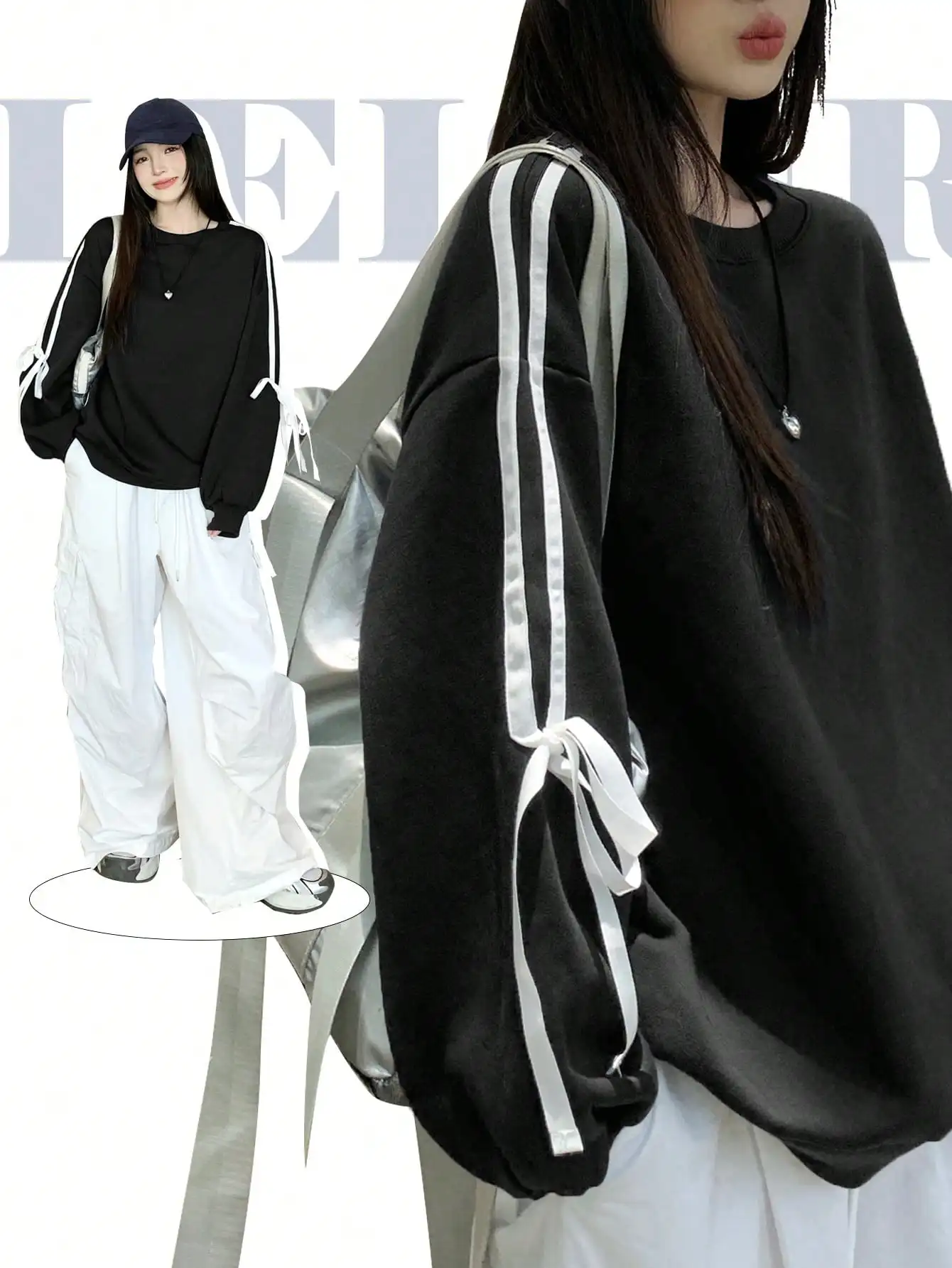 

Women's Oversized Drop Shoulder Sweatshirt with Ribbon Tie Sleeves, Casual Long Sleeve Top