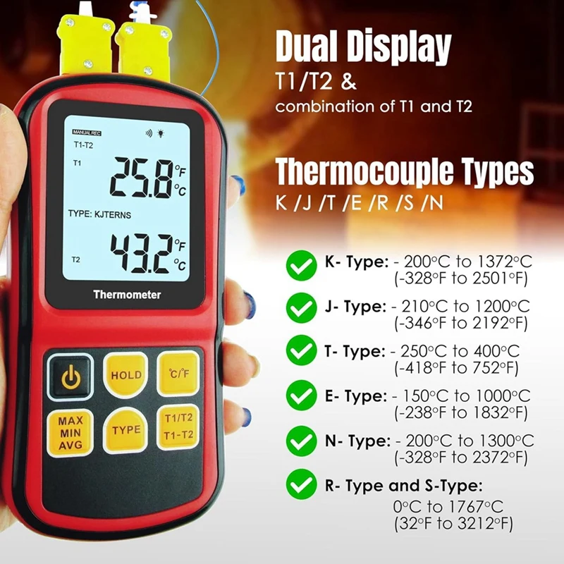 Digital Thermocouple Thermometer, Dual Channel Thermometer With Two K Type Probes LCD Display Temperature Meter