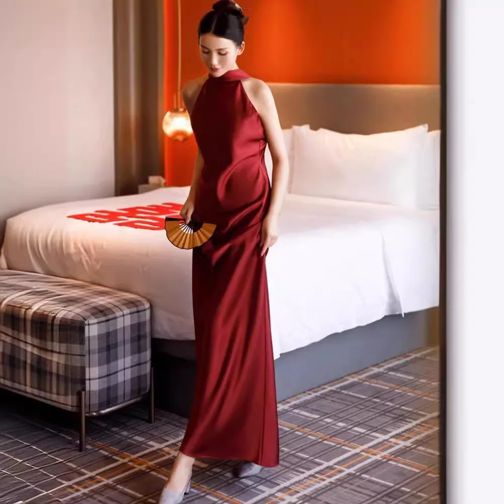 

Red Long Ne Hanging Bridal Gown Wedding Dinner Par Slimming Evening Dr Maidsmaid Robe Faionable High Waist ort Sve