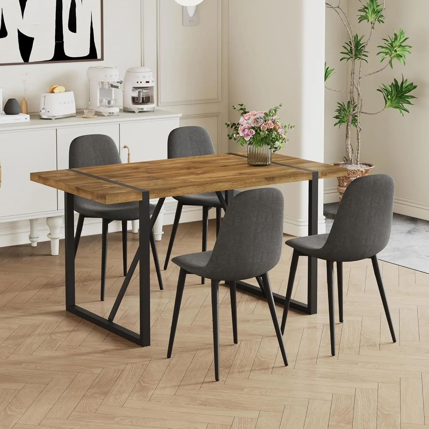 Kitchen Table Chairs Set of 4, Modern 55'' Dark Wood Dining Table and Fabric Dining Chairs Set of 4,Dining Table Set for 4