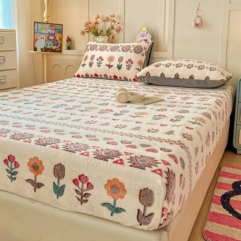 1pc Fleece Bed Sheet Warm Fitted Sheet for Winter Skin-friendly lençol cama casal Adults Kids Room Bed Linen Soft roupa de cama