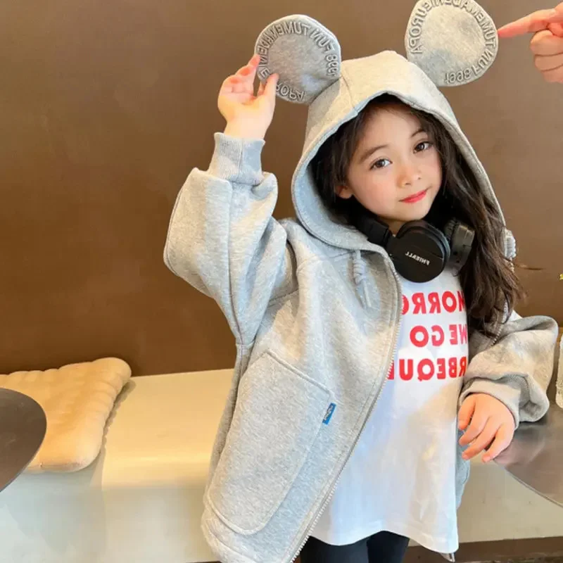 Gray Baby Girls Cartoon Show Embossing Drawstring Zip Hoodie Kids Lined Sweatshirt Jacket Children Outfit Coat Tops 2-8Yr