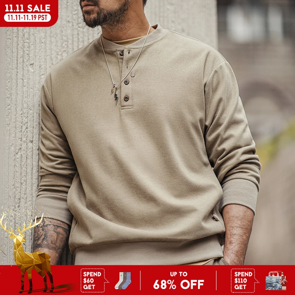 

Повседневная мужская одежда Maden с воротником «Генри» в американском стиле, топы, свитшот с длинными рукавами, модная весенняя футболка