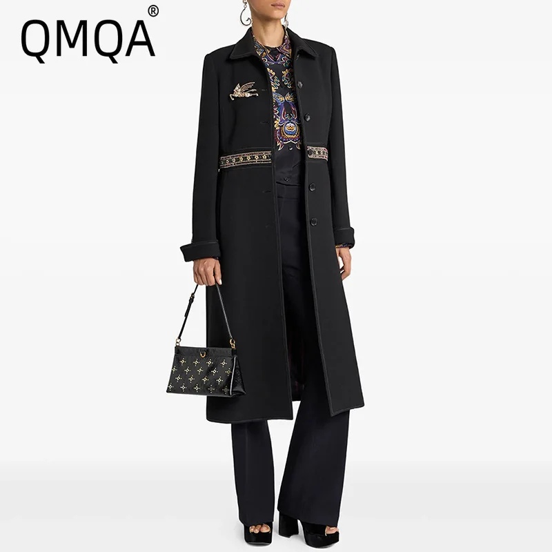 

QMQA модное женское шерстяное пальто с бисером, однобортное пальто с лацканами и длинными рукавами, осень-зима 2021, новая одежда QM937