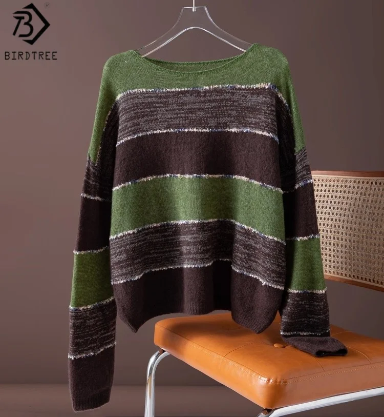

Birdtree 563% вязаный свитер в полоску из овечьей шерсти, женская шерстяная майка с круглым вырезом и длинными рукавами, осенне-зеленый трикотаж T59711JF