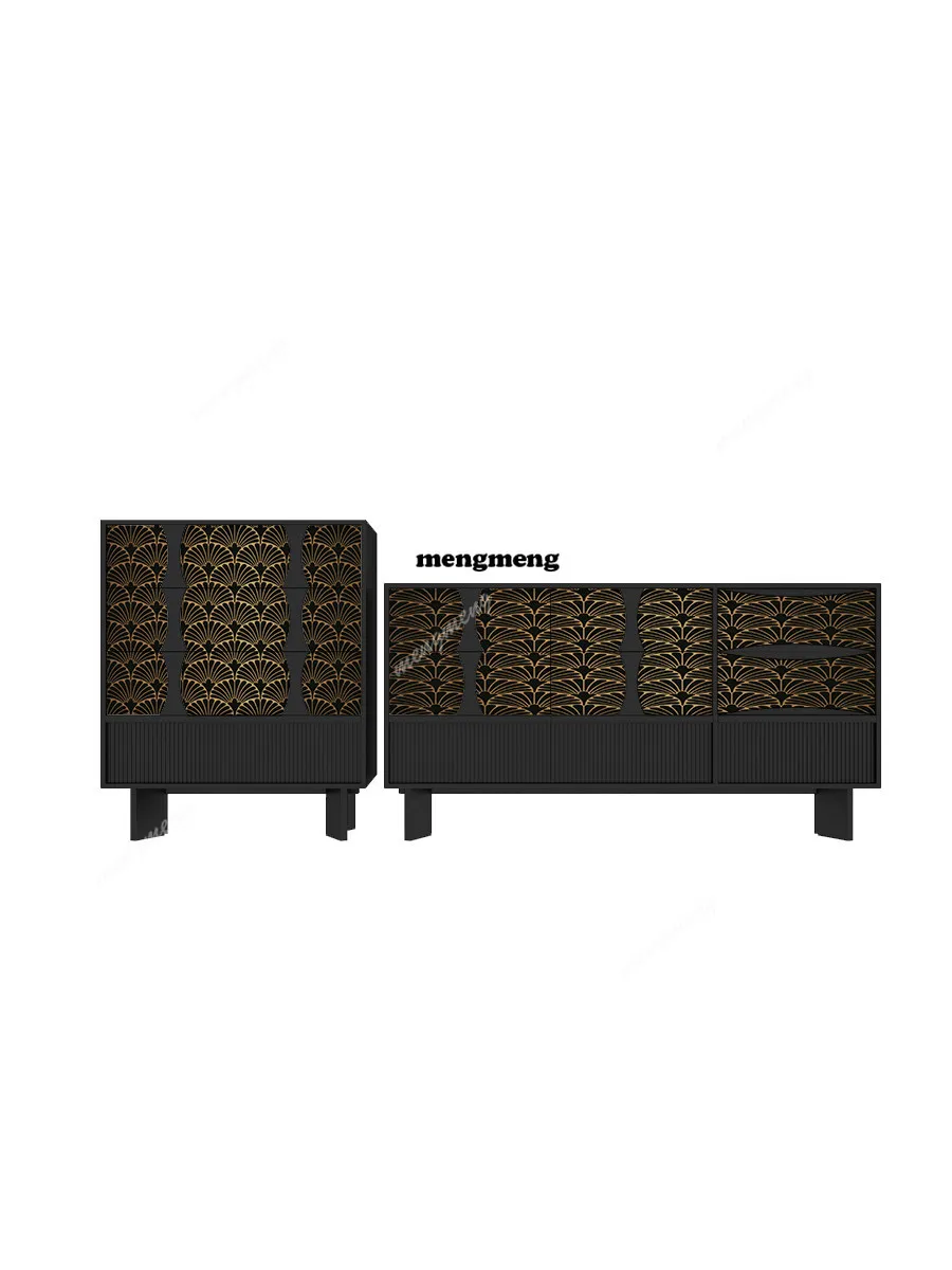 Medieval geometric pattern household living room chest cabinet solid wood locker removable storage cabinet black