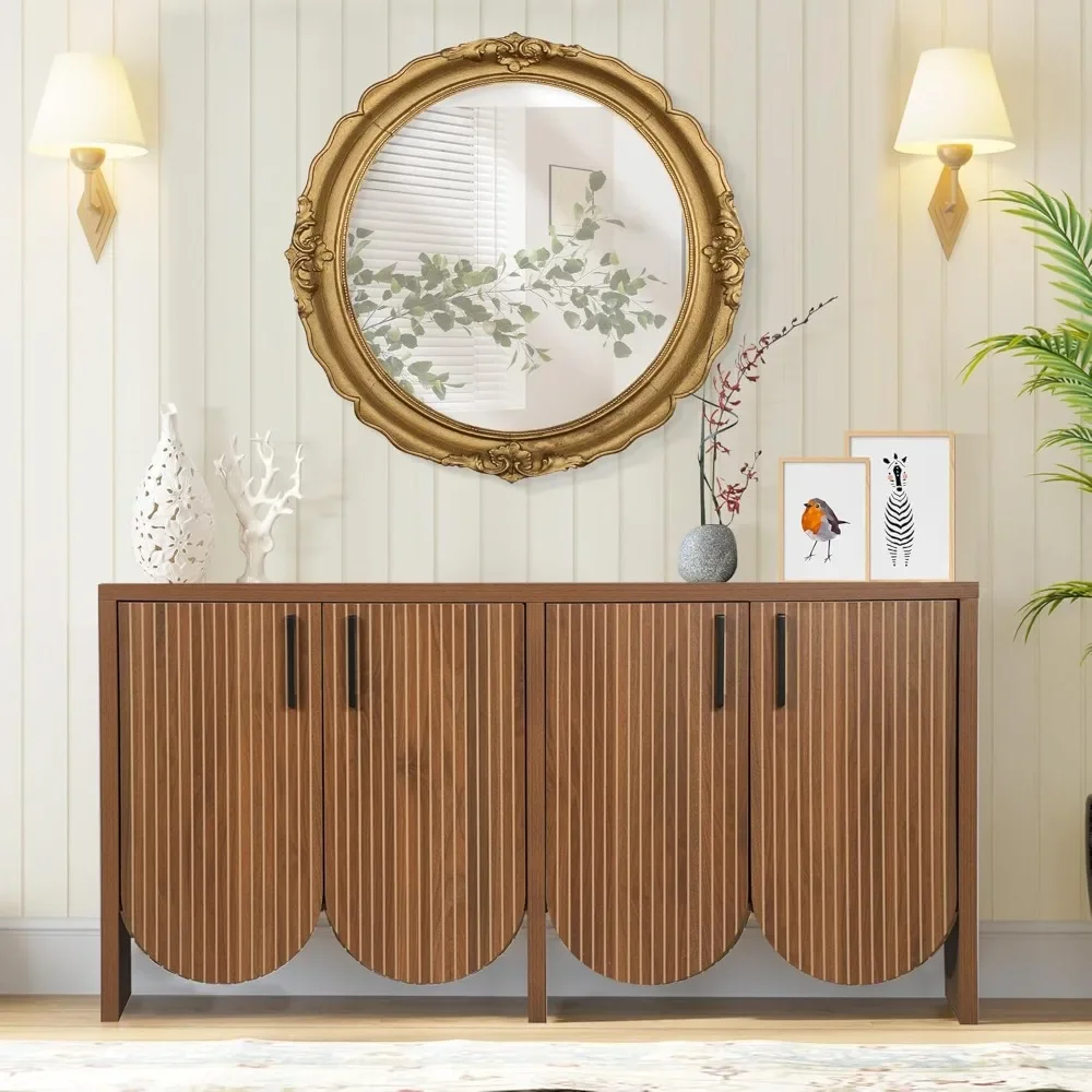 57.9” Sideboards with Storage, Adjustable Shelves, Carved Arc Door Design, Scandinavian Accent Buffet Cabinet, Fluted Sideboards