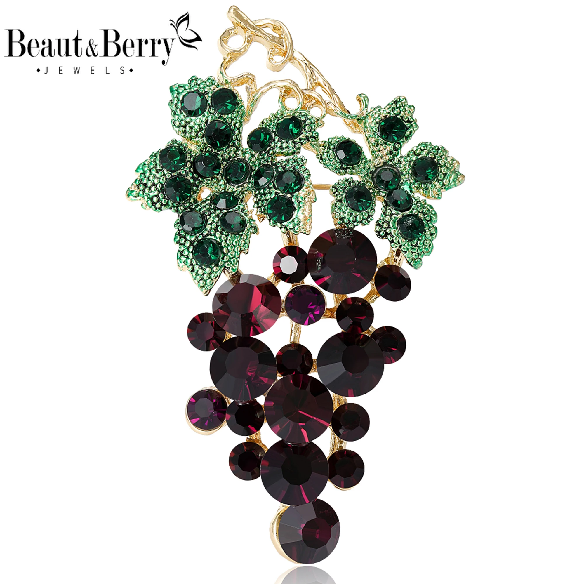 Beaut&Berry Crystal Grape Brooches for Women Unisex Fruit Plant Pins Casual Party Accessories New Year Gifts Friends Decoration
