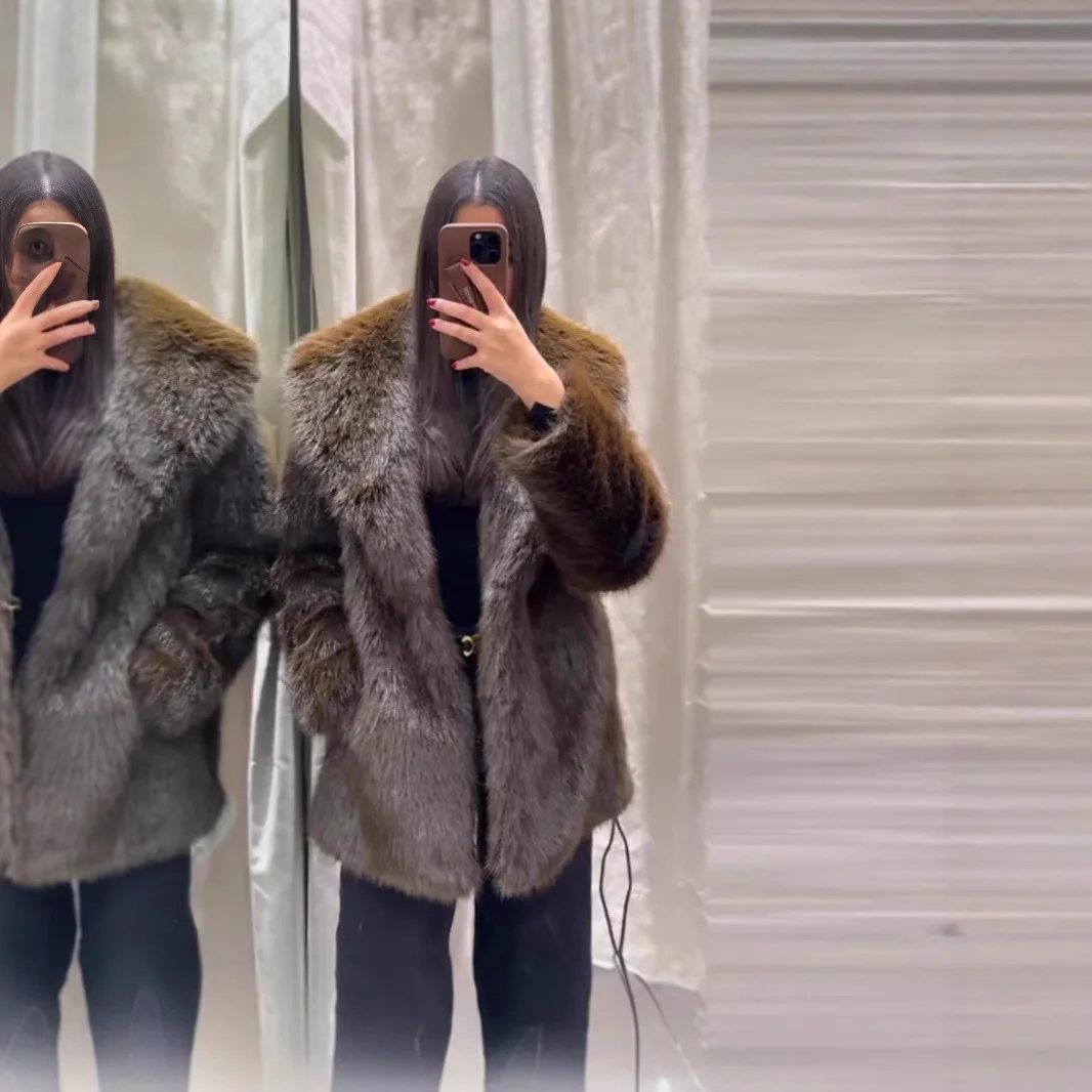 

KIDCRKJ Winter Women Eco Fur Coat Gradient Ralgan Sleeve Female Mink Fur Coat Cinched Waist Lapel Collar Fur Jacket For Female