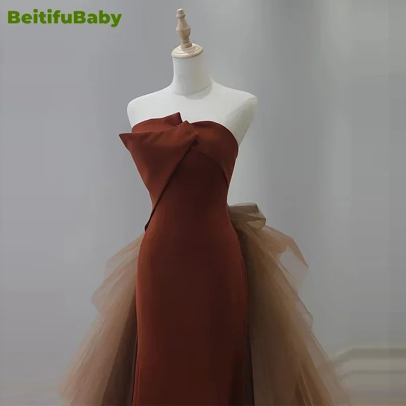 BeitifuBaby Elegant Evening Party Dress for Women Strapless Bow Lace Mermaid Big Skirts Wedding Banquet Gown Vestidos De Fiesta