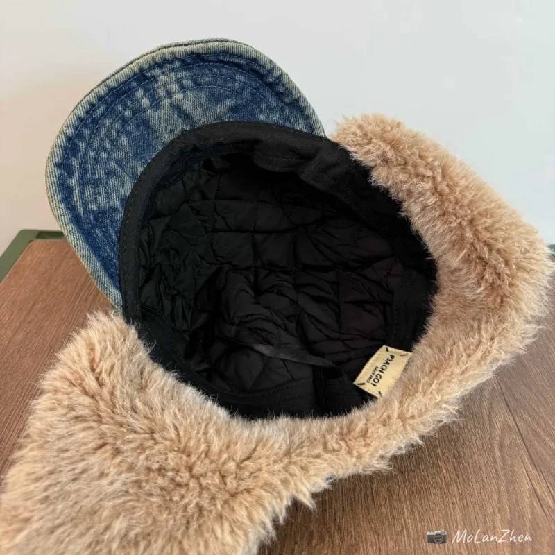 اليابانية الرجعية غسلها الدنيم زائد الصوف لي فنغ قبعة للرجال والنساء الشتاء سميكة ودافئة الدراجات سدادات حماية الأذن منفذها القبعات