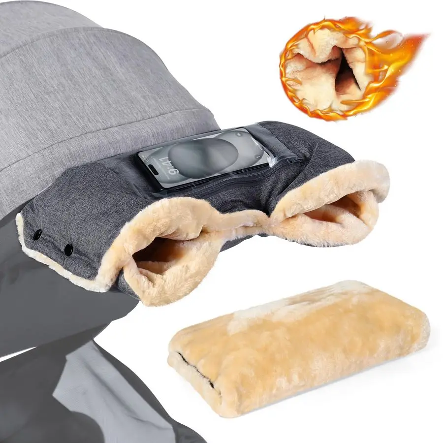 

Перчатки для коляски из искусственной овчины с карманами для телефона, зимние очень толстые варежки для детской коляски, уютные теплые, антифриз для рук