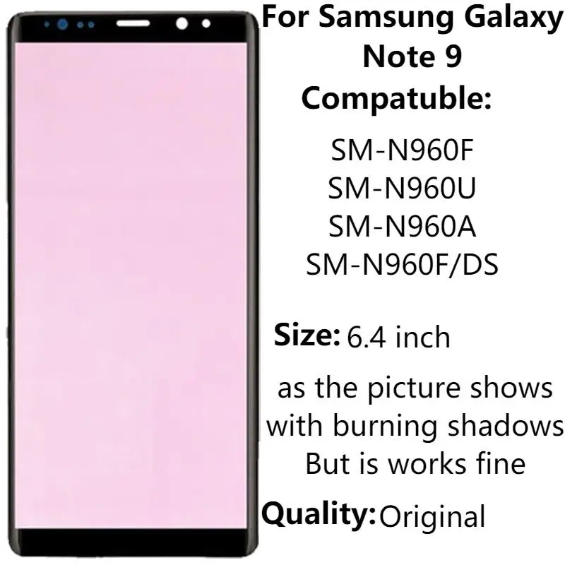 

For Samsung Note 9 LCD Display With Frame Burn Shadow 6.4" AMOLED SM-N960 N960F/DS LCD Touch Screen Digitizer Assembly Repair