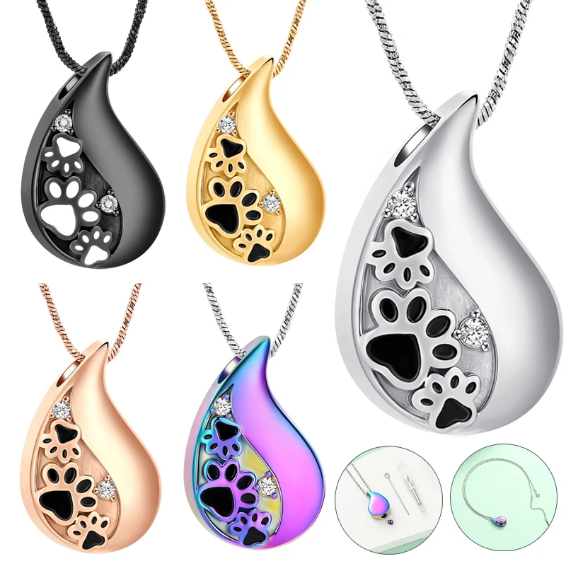 

Pet Paw Teardrop Urn Necklace for Dog Cat Ashes Cremation Jewelry Ashes Memory Keepsake Stainless Steel Jewelry