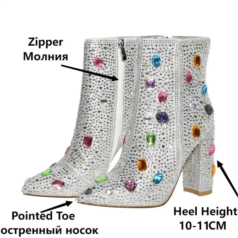 Onlymaker Women Rhinestones Ankle Boots Pointed Toe  Zipper  Luxury Bling  Party Dress Big Size Lady Booties