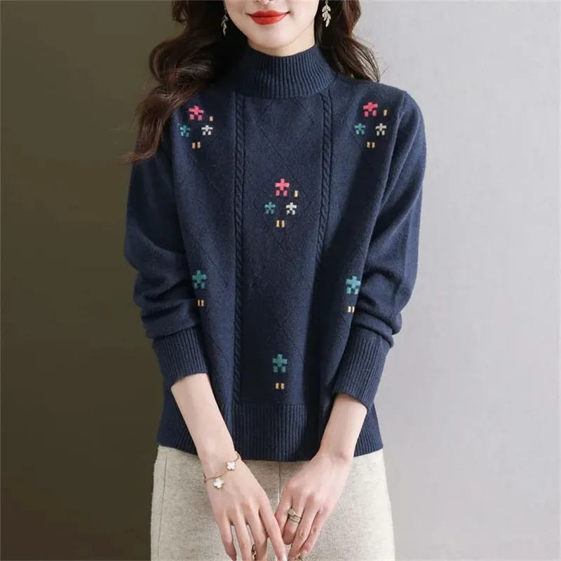 

High-Quality Sweater Women's Autumn Winter New Fashion Pullover Coat Female Padded Semi-High Neck Knitwear Bottoming Shirt Top