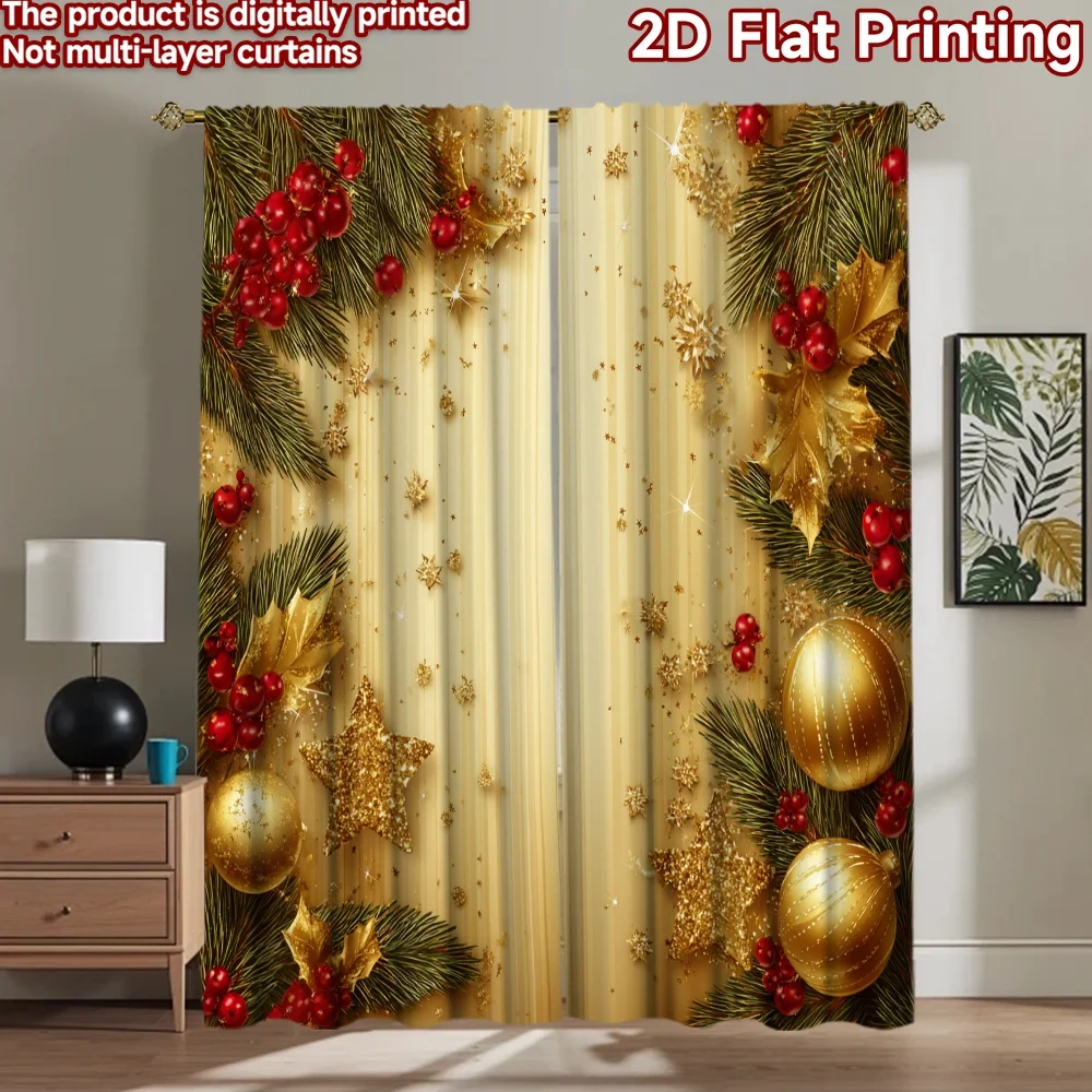 2D flat 2pcs Curtain Modern Minimalist Style Christmas Gold Ornament Digitally printed polyester Festive Holiday Use for Photo