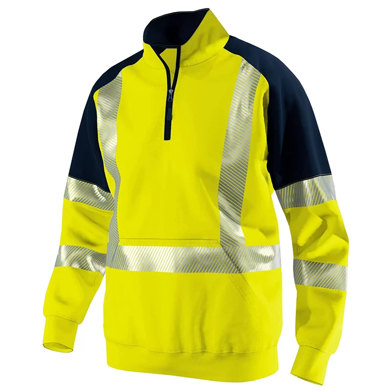 Men Hi Vis Viz Safety Security Pullover Hoodie High Visibility Workwear Two Tone Reflective Sweatshirt Jacket