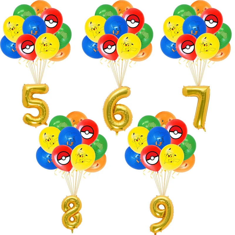 11PCS Pokemon Number Latex Foil Balloons Birthday Party Decorations Baby Shower Toy Pokemon Theme Cartoon Party Decoration