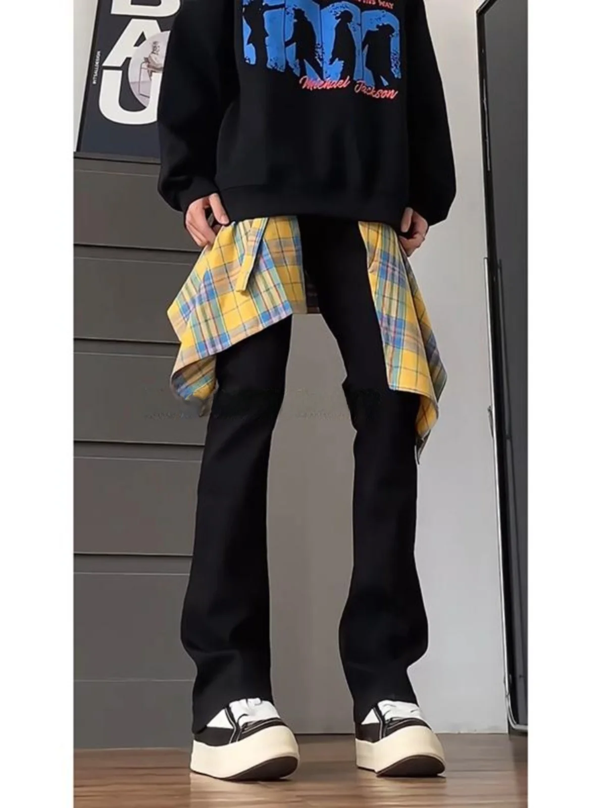 High Waist Pure Bla Slim Fit Men's Jeans Knife  Straight Vibe High Street American Narrow Micro Flare Pants