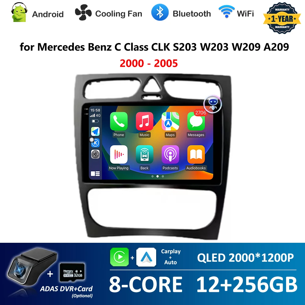 Car Video Multimedia Player Carplay for Mercedes Benz C Class CLK S203 W203 W209 A209 2000 - 2005 WiFi Android OS GPS Navi 4G BT