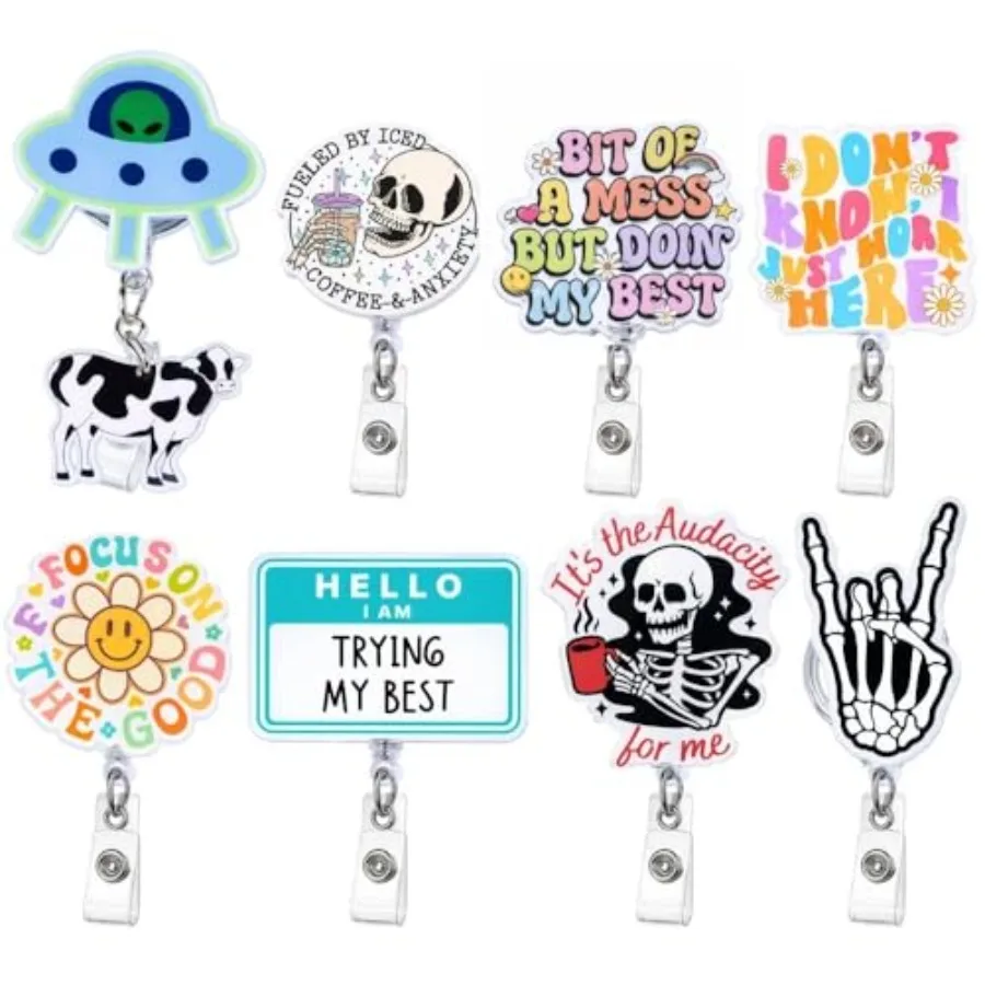 

8PC Funny Cute Fun Badge Reel Holder ID Card Retractable Clip for Nurse Nurses Nursing Teacher Office Workers Meme It's Fine Ju