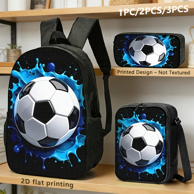 1pc/2pcs/3pcs 2D Printed Soccer Print Backpack, Tote Bag, Pencil Case. Unique Design with Vivid Graphics. Ideal for Students