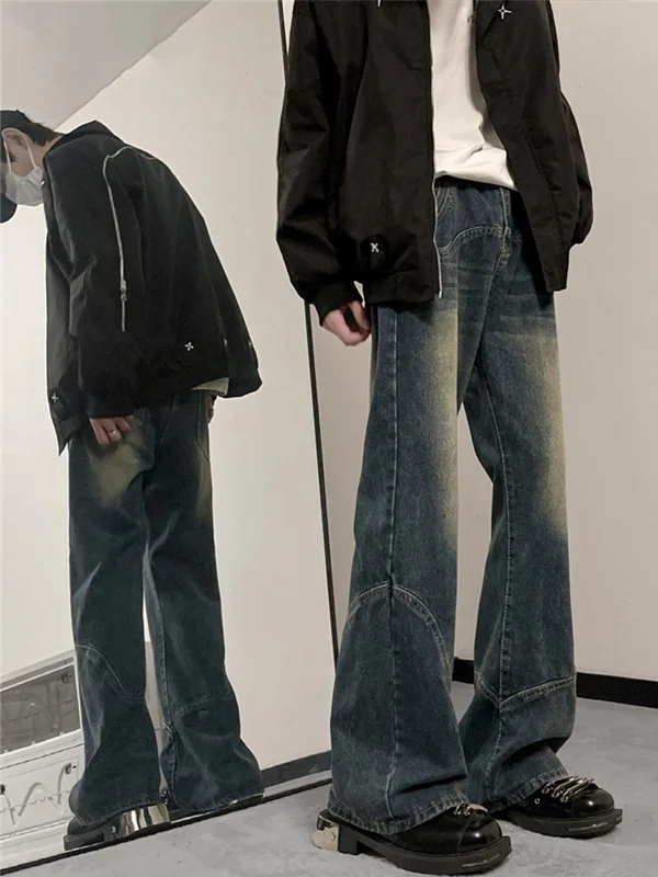 

Retro American Splicing adient Bell Bot Jeans Men's Trendy High Street Slimming Design Straight Leg Denim Pants