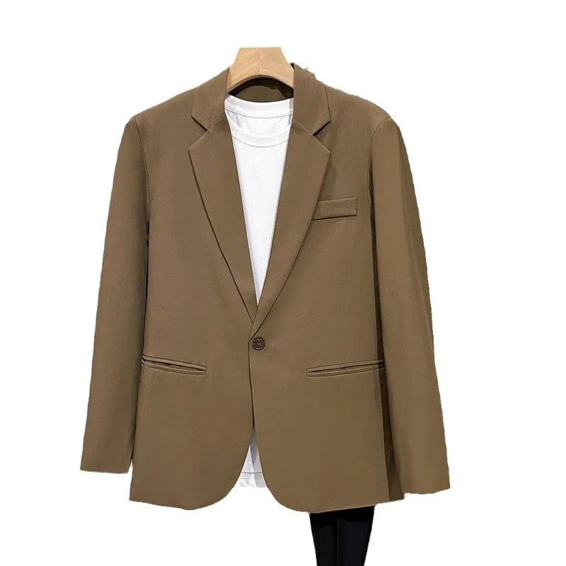 

New Men's Spring Autumn Pure Color Korean Sle Casual Busin Suit Jaet Loose Fit Long Sve Double Breasted Coat