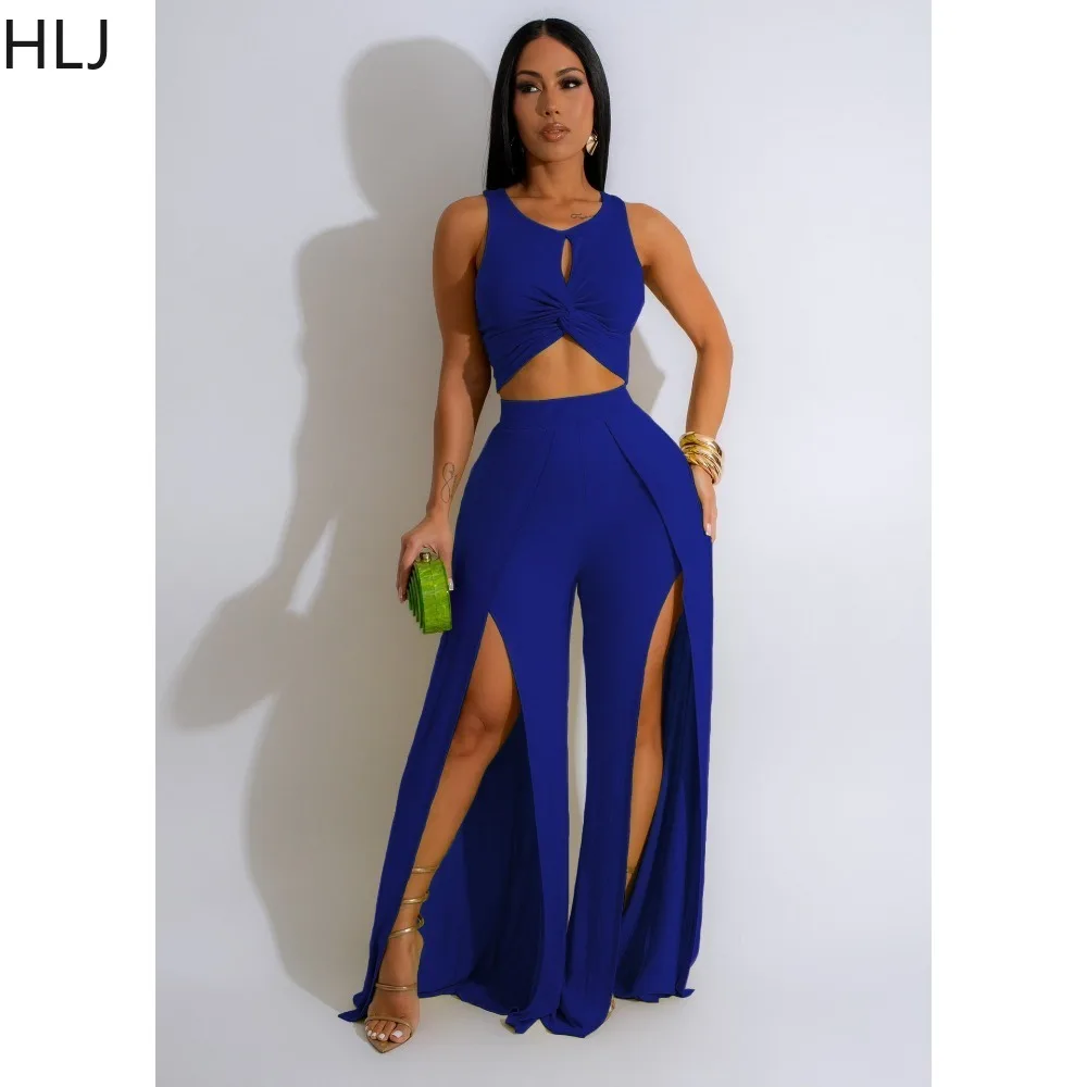 HLJ Fashion Solid Slit Wide Leg Pants Two Piece Sets Women Round Neck Sleeveless Crop Top + Pants Outfits Female 2pcs Streetwear