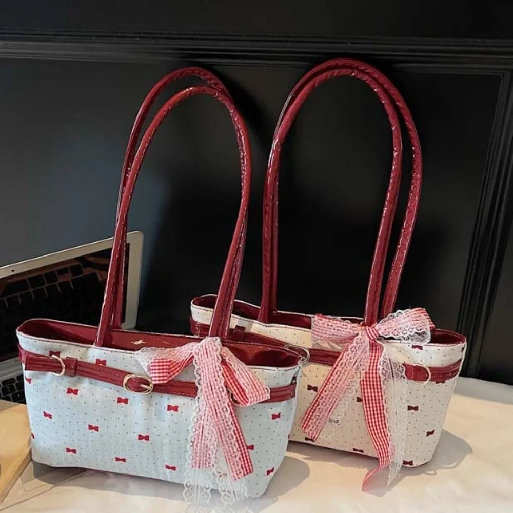 Tas Tote Prancis Manis Serbaguna dengan Pita Renda, Kapasitas Besar, Tas Tangan PU dengan Pita, Tahan Air, Warna Kontras, Tas Selempang untuk Sekolah