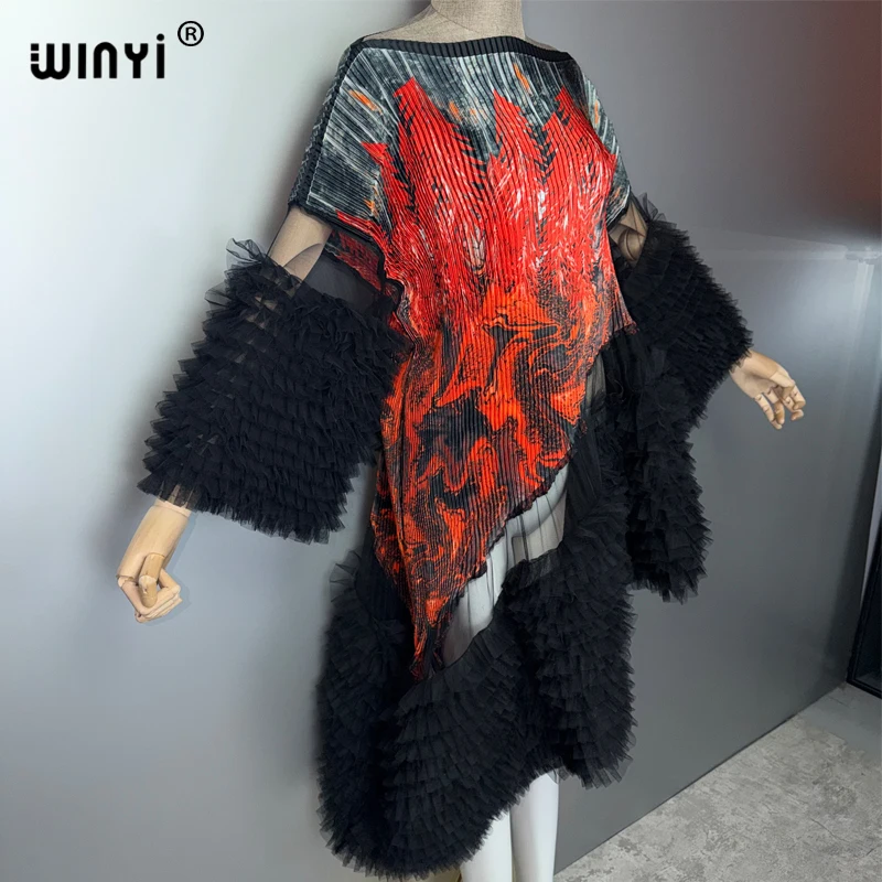 WINYI Unregelmäßiges Kaftan-Kleid im Dubai-Stil, Plissiert mit Elastischen Puffärmeln, Strandkleid, Luxuriöses Party- und Abendkleid für den Urlaub – Detail 7