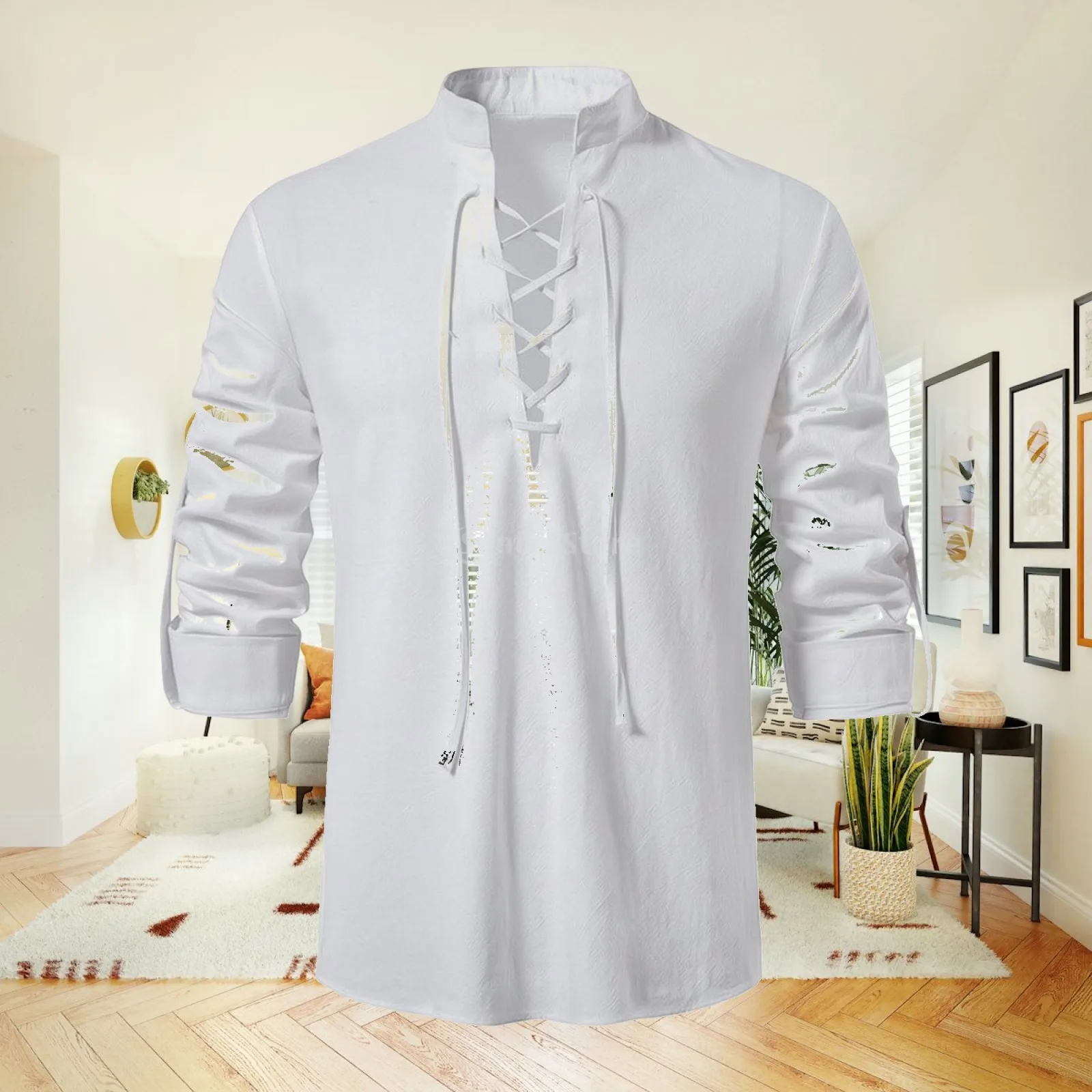 Pullover Retro-Inspired Lace-up Shirt Henley Breathable Apparel for Men, Casual Wear, Beach