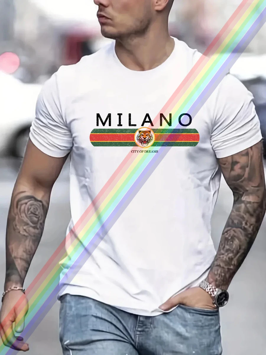 MILANO Print Męska letnia koszulka w stylu vintage, na co dzień z czystej bawełny, obszerna koszulka Streetwear Casual Fashion Style Clothing