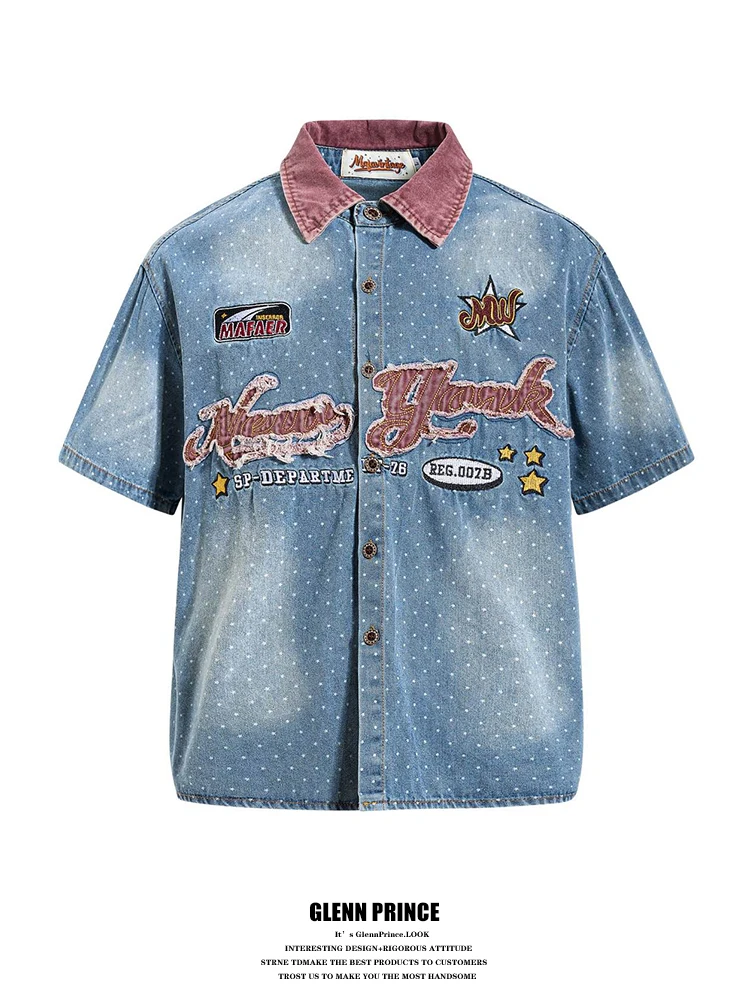 

Retro Polka Dot Patchwork Design Loose Washed Denim Short Sleeve Men's Summer Shirt GPstudio Japanese Style Casual Cotton