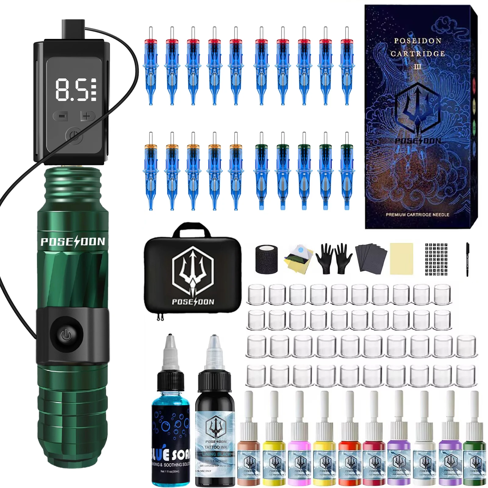 

Набор для татуировки POSEIDON, набор ручек для татуировки с управлением на палец для перманентного макияжа, тату-машина, зеленый, мощный источник питания, набор тату-пистолетов