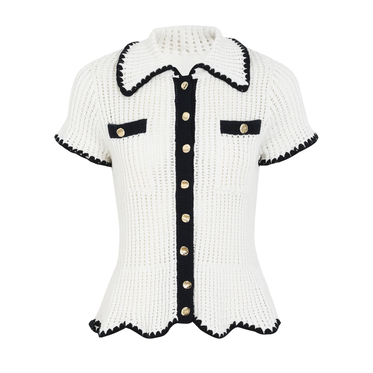 

26106 High-quality Summer New Striped Hollow Fashion Elastic Knitted Short Sleeved Button Slim Fit Top Women's Cardigan