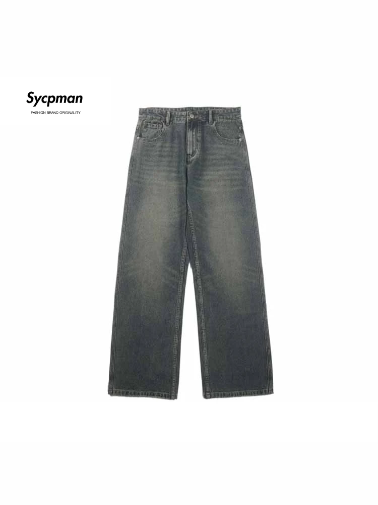 Sycpman American Style Yellow Mud Washed Old Jeans for Men Autumn and Winter Vintage Loose Casual Pants Streetwear