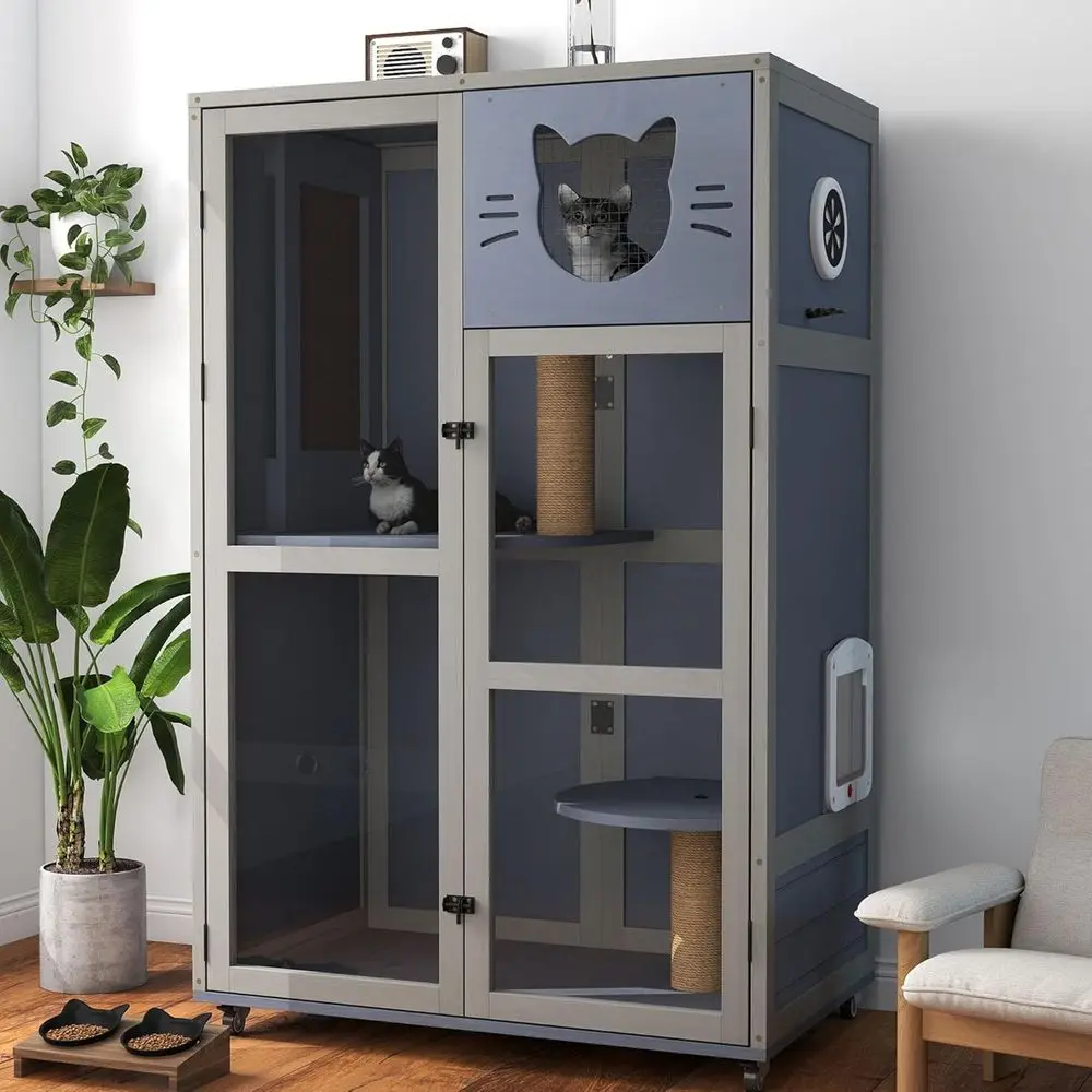 

Серая деревянная вилла для кошек на колесах с лежанкой, платформами, царапателями, вентиляцией, местом для туалета, прозрачными дверцами для котят и взрослых кошек