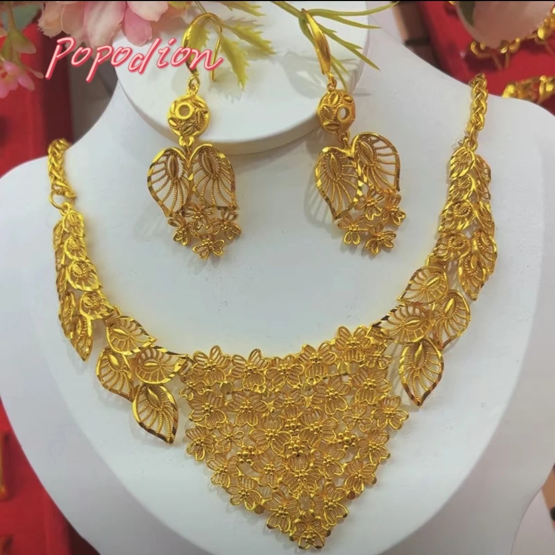 Popodion  New Dubai 24K Gold Plated Jewelry Necklace Earrings Bridal Wedding Jewelry   YY10352