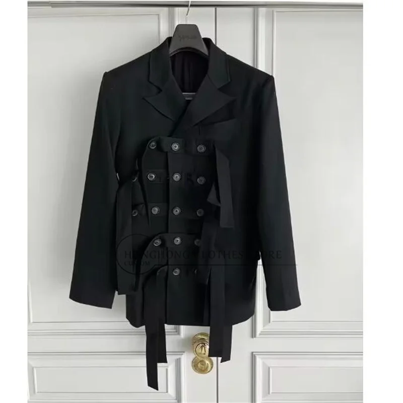 TOP-YAMAMOTO Original Design Lace-Up Capsule Multi-Button Striped Double-Police Double-Collar Large-Sized Suit Jacket