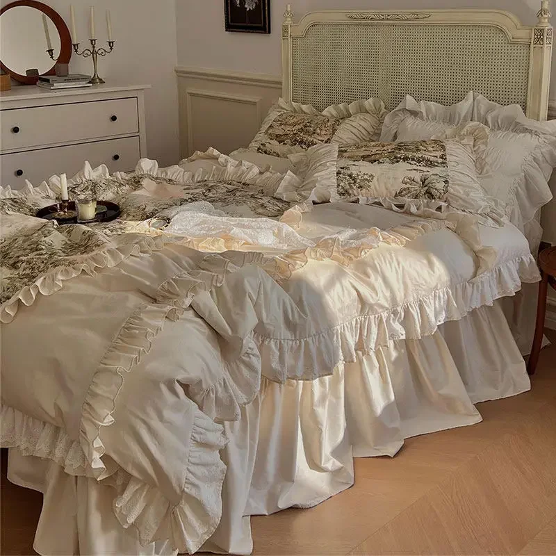 French retro pure cotton four-piece set of 100 cotton bed skirt princess style lace quilt cover 4 pieces of court bedding