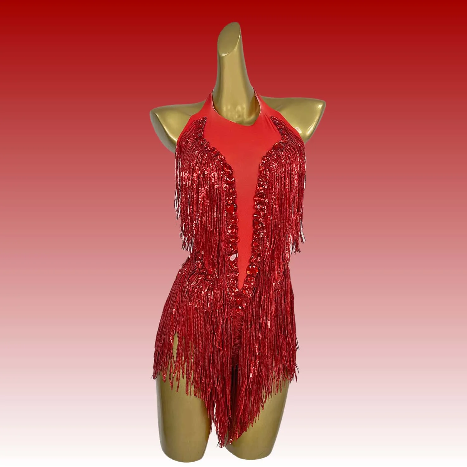 Shuye Red Fringed Latin Dance Talent Performance Suit Female Group Backing Dance Leotard Nightclub Performance Jumpsuit