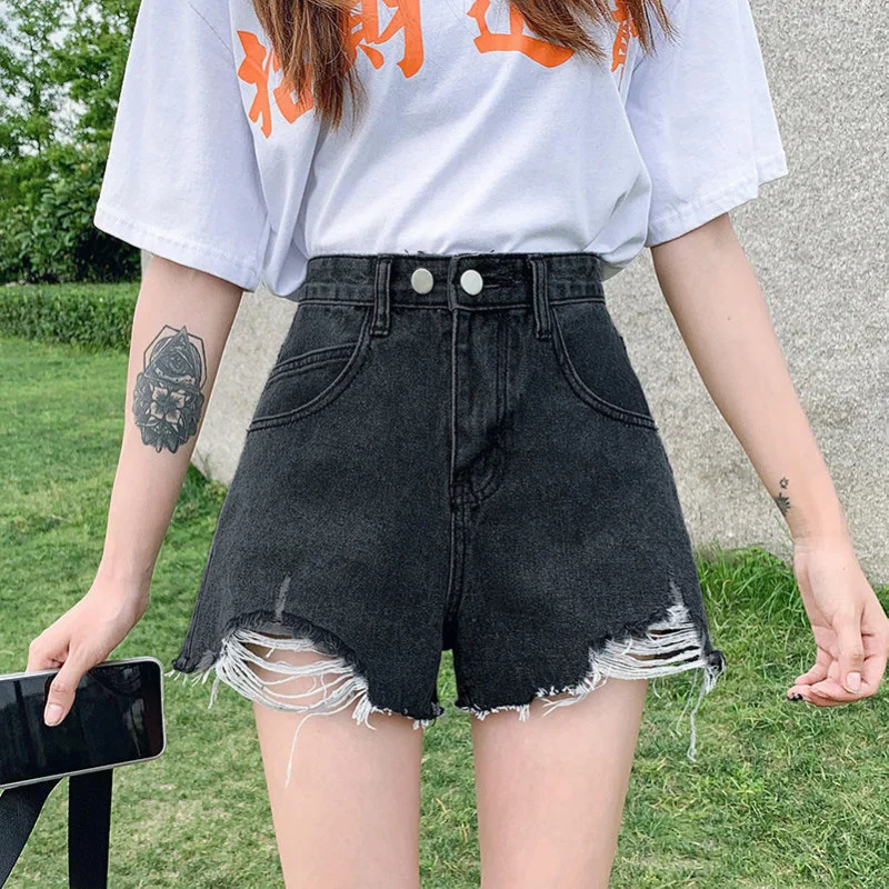 

Ripped denim shorts for women, summer Korean style, high-waisted, loose, wide-leg, slimmingaWord PantsinsVersatile trendy short