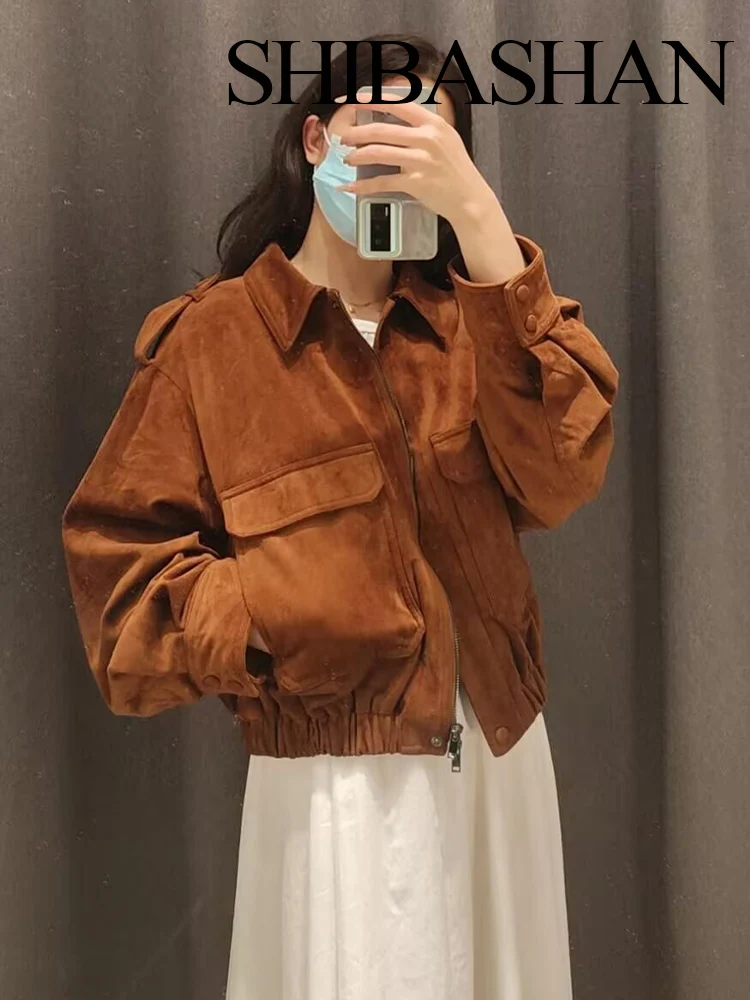 

HH женское осеннее модное универсальное замшевое пальто с лацканами и длинными рукавами 202, женское уличное свободное повседневное пальто с карманами на молнии