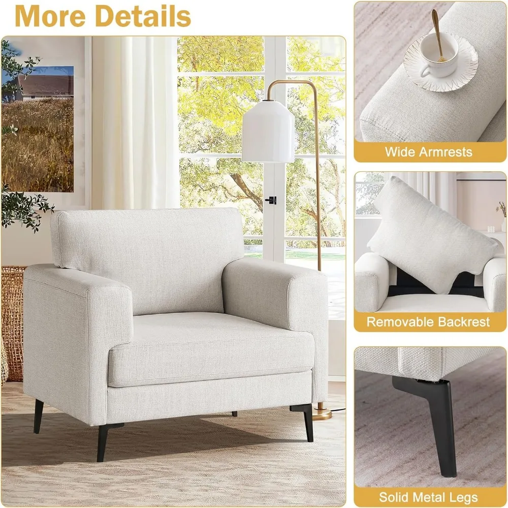 Upholstered Living Room Chairs Single Sofa Chair W Metal Legs, for Apartment, Bedroom, Office, Cream, 1PC,Living Room Chairs